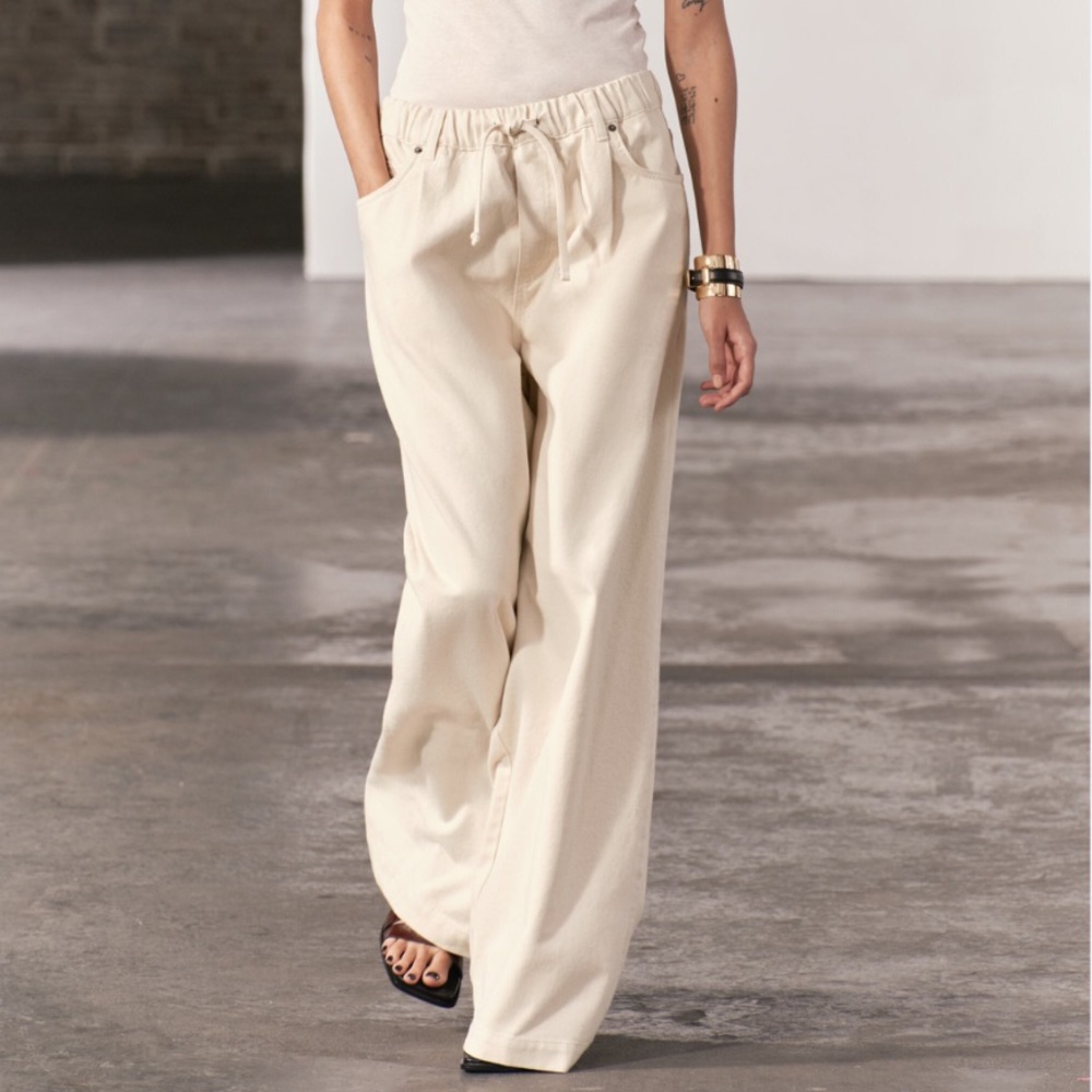Zara Cream Wide Leg Drawcord Denim Pants